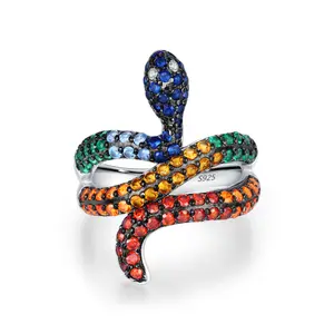 Colorful CZ Snake Ring S925 Sterling Silver Sweet Cool Style Women's Statement Jewelry Adjustable Size for Daily Wear