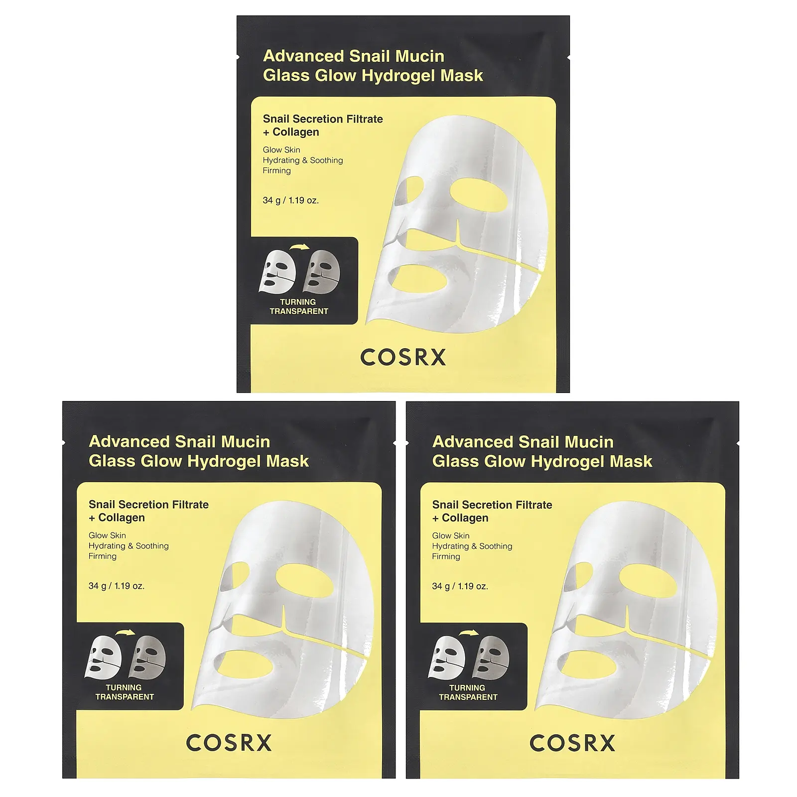 CosRx Advanced Snail Mucin Glass Glow Hydrogel Beauty Mask, 3 Sheets, 1.19 oz (34 g) CosRx Advanced Snail Mucin Glass Glow Hydrogel Beauty Mask, 3 Sheets, 1.19 oz (34 g)