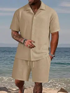 Men’s multicolor turn-down collar cardigan and shorts set—soft, skin-friendly, premium feel all over, perfect for everyday summer commuting outfits., Menswear, Casual