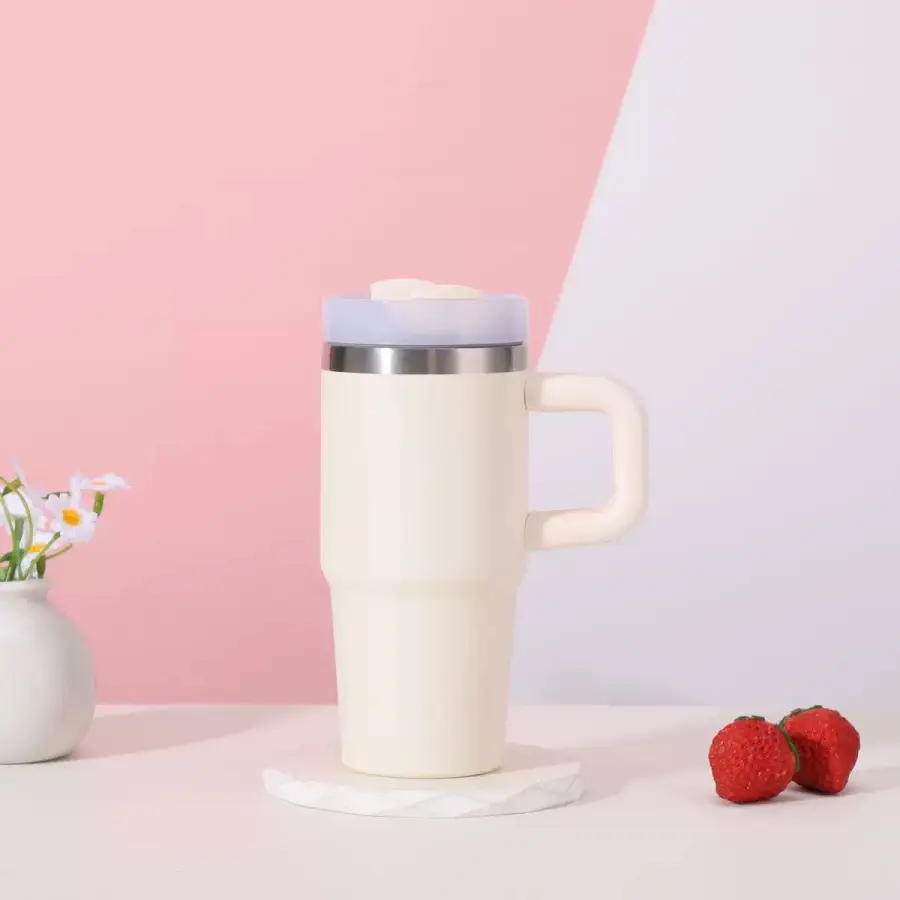 14 oz insulated stainless steel water cup with straw and handle, leakproof thermal tumbler for camping, travel, and everyday use
