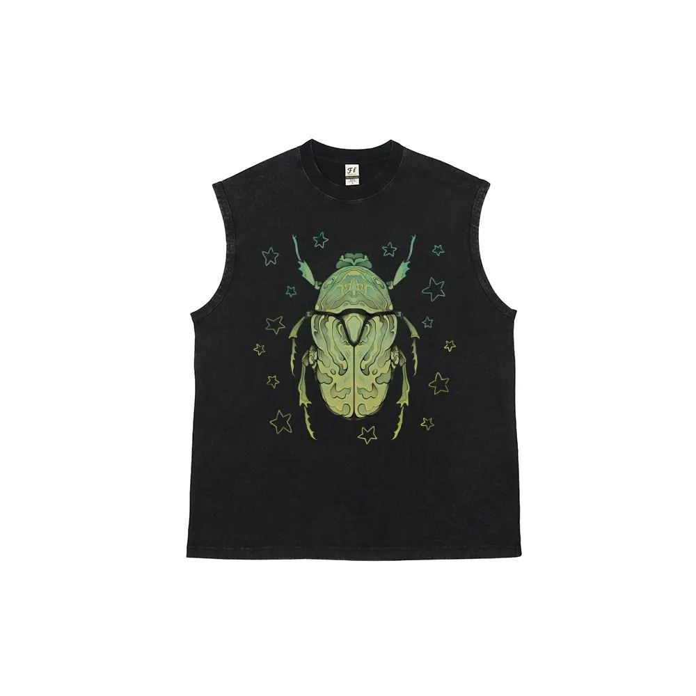 Green Scarab Beetle Men's vintage washed pure cotton vest,back to school,back to school shopping