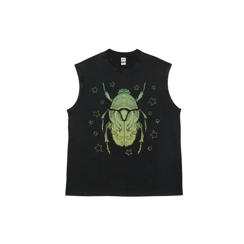 Men's Green Scarab Beetle Vintage Washed Pure Cotton Tank Top - Tshirt, Relaxed Fit, Distressed Look, Mensfashion, Back to School Shopping, Soho Chic