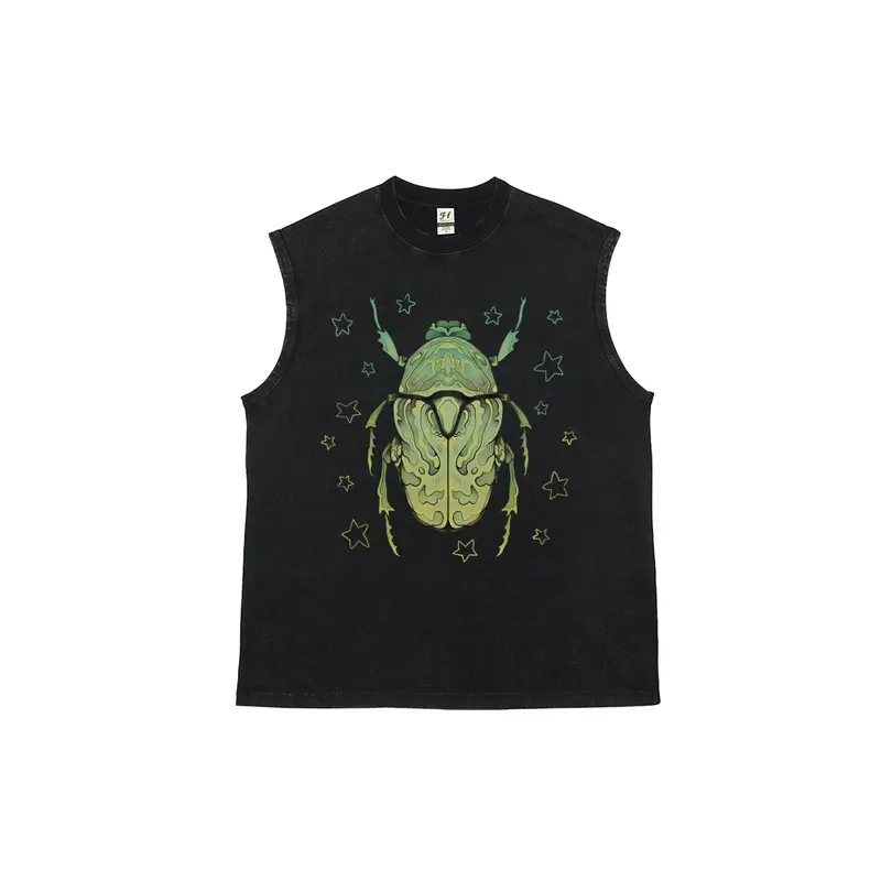 Men's Green Scarab Beetle Vintage Washed Pure Cotton Tank Top - Tshirt, Relaxed Fit, Distressed Look, Mensfashion, Back to School Shopping, Soho Chic