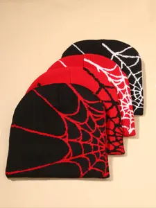 4 Pack Gothic Spider Web Jacquard Beanie Hats, Unisex Y2K Knit Warm Hip Hop Skull Caps, Trendy Hat, Elastic Stretchy Winter Headwear