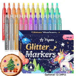 12/24 Color Acrylic Glitter Markers Pen,0.7mm/3.0mm Nib, Metallic Shimmer Markers for Doodle Writing, Glitter Art Crafts Gifts Trendy Stuff Christmas Stocking Stuffers