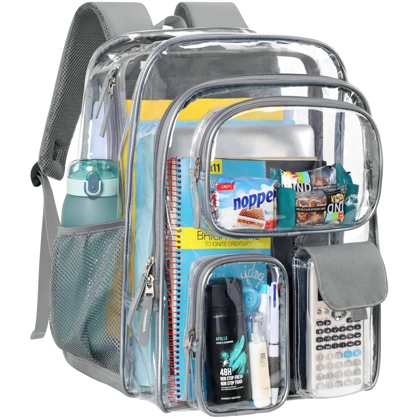 Clear Backpack for School - 18 Inch Extra Large Heavy Duty Clear Bookbag, See Through PVC Transparent School Backpack with 2 Large Front Pockets, Grey (Age 12+)