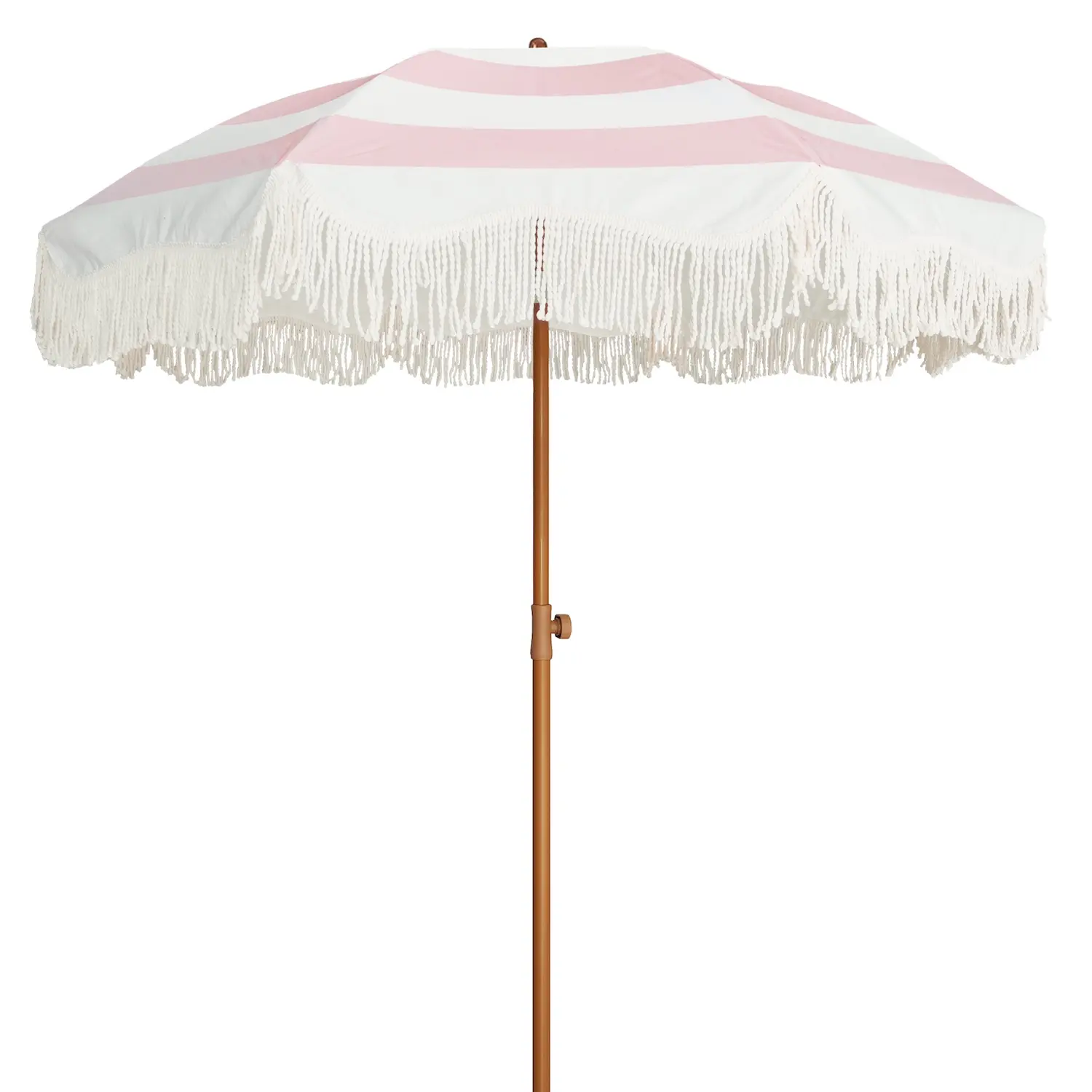 AMMSUN Boho Fringe Outdoor Umbrella - 6.5ft UPF50+ Pink Stripes Picnic Umbrella with Tassels, Steel Pole, Push Button Tilt, Outdoor Patio Canopy for Camping, Hiking, Outdoor Umbrellas