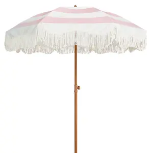 AMMSUN Boho Fringe Umbrella Outdoor Patio, 6.5ft UPF50+ Picnic Umbrella with Tassels with Steel Pole and Push Button Tilt, Pink Stripes tiktokshopspringglowup