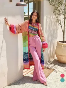Women's Colorful Crochet Cardigan Sweater, Casual Long Sleeve Open Front Knitwear for Beach Vacation, Ladies Clothes for All Seasons, Knitwear Matching Clothes, Knitted Cardigan Tops