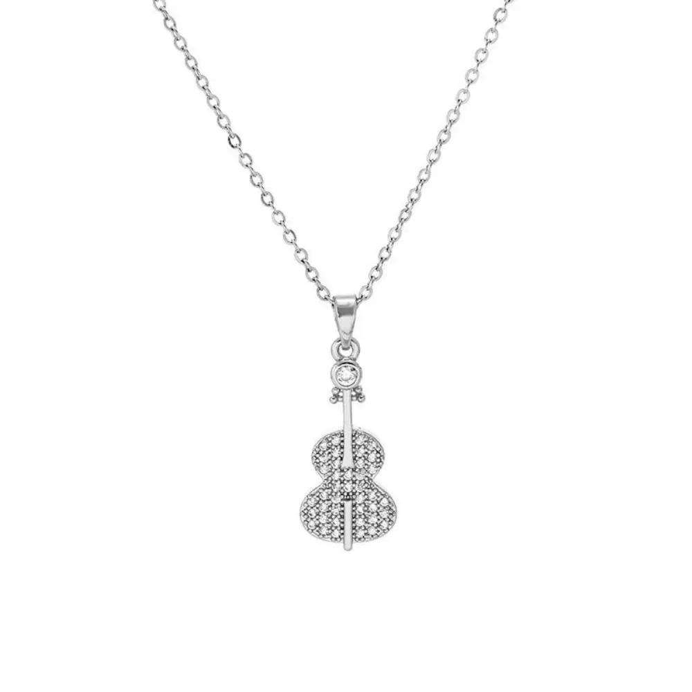 EJG 925 Sterling Silver Violin Pendant Necklace for Female, Elegant Dainty Chain & Link with Brilliant Cubic Zirconia Stones for Casual Daily Wear