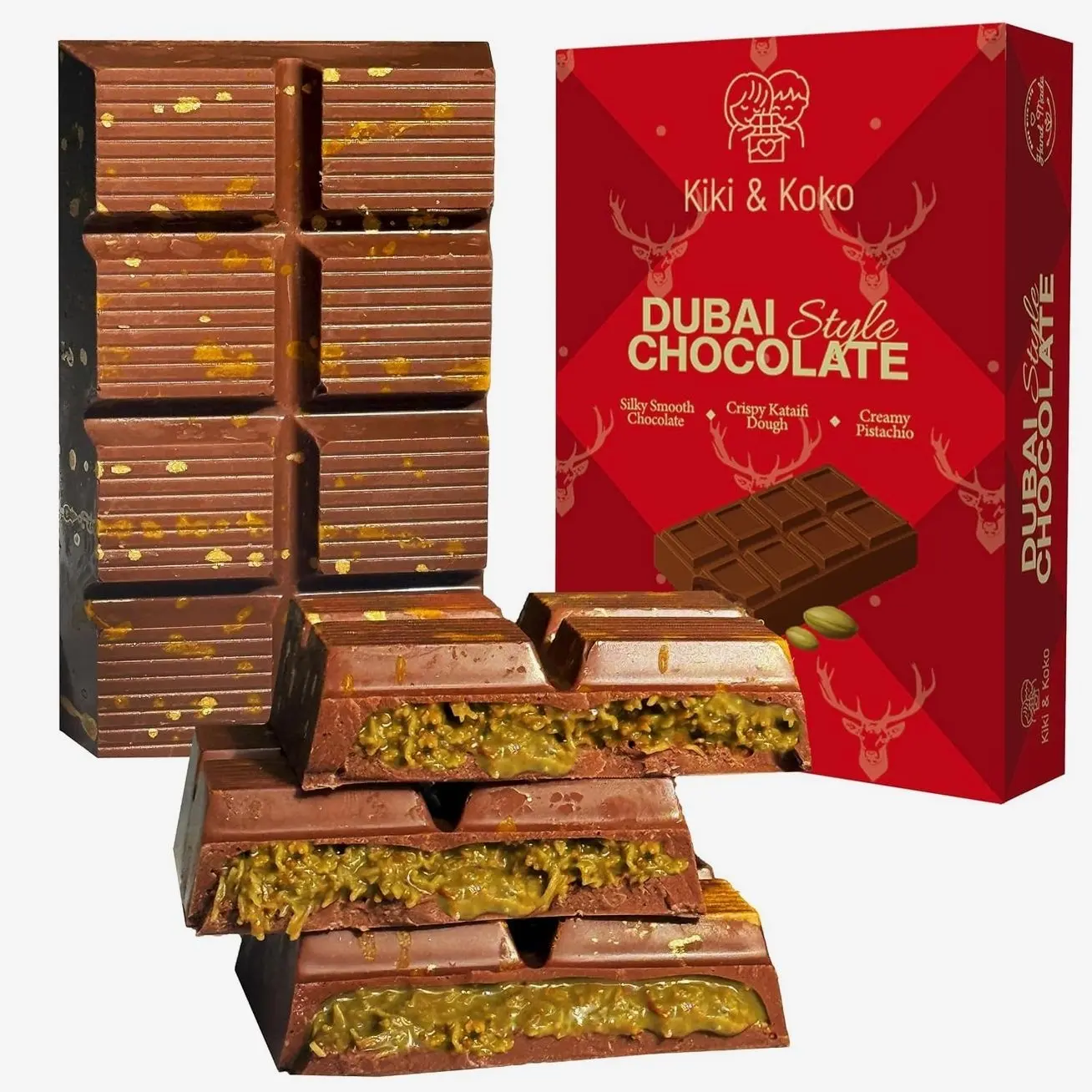 Dubai Chocolate Pistachio Bar 6.5oz - Handmade Kunafa Baklava-Inspired Dessert with European Milk Chocolate and Pistachio Cream