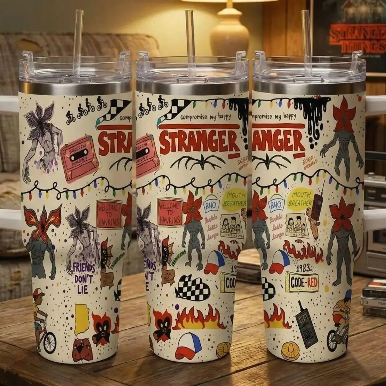 Stranger Inspired Theme Car 40oz Tumbler Vintage Cartoon Illustration Pattern Durable Stainless Steel Double Wall Insulated Leak Proof Easy Carry for Travel Camping Cycling Party Gift Use