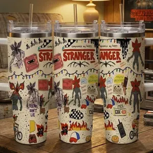 Stranger Inspired Theme Car 40oz Tumbler Vintage Cartoon Illustration Pattern Durable Stainless Steel Double Wall Insulated Leak Proof Easy Carry for Travel Camping Cycling Party Gift Use