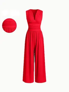 Women's Plain Ruched Deep V Neck Wide Leg Jumpsuit, Sleeveless Ribbed Jumpsuit for Daily Wear, Ladies Clothes for All Seasons, Casual Basic Jumpsuit, Casual Jumpsuits, Womenswear Fit, Sleeveless Beach Jumpsuit, Beach Holiday Jumpsuit