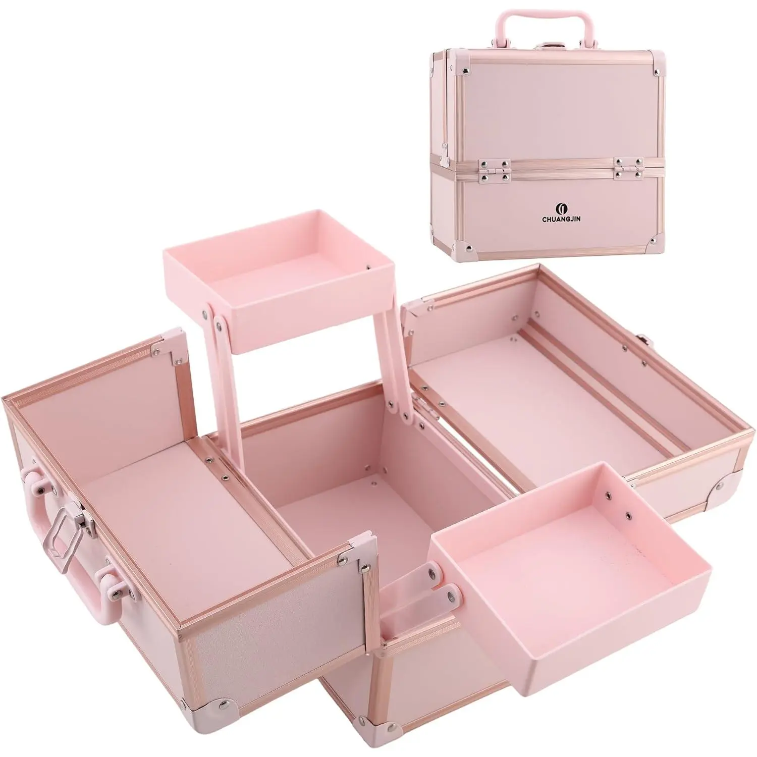 Makeup Train Case 2 Trays Makeup Box Organizer Portable Travel Makeup Case Lockable Makeup Storage Organizer Cosmetic Box for Jewelry Nail Tech Brushes Accessories Tool, Pink