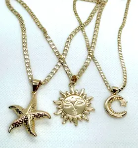 Hermosas Cadenas en Oro Laminado 14k con Estilo Cadena Cubana de 20 Pulgadas con Colgantes de Estrella Sol y Luna