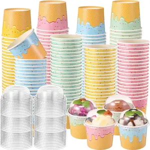 100 Count 6 oz Ice Cream Paper Cups with Clear Dome Lids No Hole Bulk Disposable Dessert Cups Dessert Bowls Sundae Containers for Snack Yogurt Soup Birthday Ice Cream Party Supplies mini parfait cup