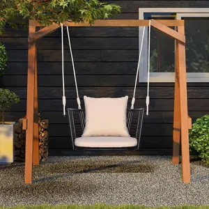 [Costway] Porch Swing Patio Hanging Rattan Basket Chair, Swing Hammock Chair with Seat Cushion & Back Cushion, PE Rattan, Sturdy Metal Frame, Wicker Hanging Rope Swing