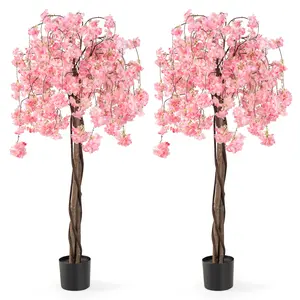 COSTWAY - 5.5 FT Tall Artificial Cherry Blossom Tree with Pink/White Flowers 2 Pack-Pink
