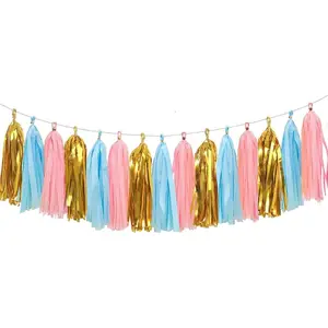 15PCS Shiny Tassel Garland Tissue Paper Tassel Banner,Table Decor,Tassels Party Decor Supplies for Wedding,Birthday,Bridal/Baby Shower,Anniversary,DIY Kits - (Pink/Light Blue/Gold)
