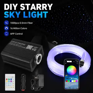 1000pc Car Interior Fiber Optic Star Light Kit - 12V RGB Music Sync Cable, ABS+Aluminum Lamp, App & Remote Control, Multiple Modes, Car Headliner Roof Twinkle Lights, Home Theater Accessory