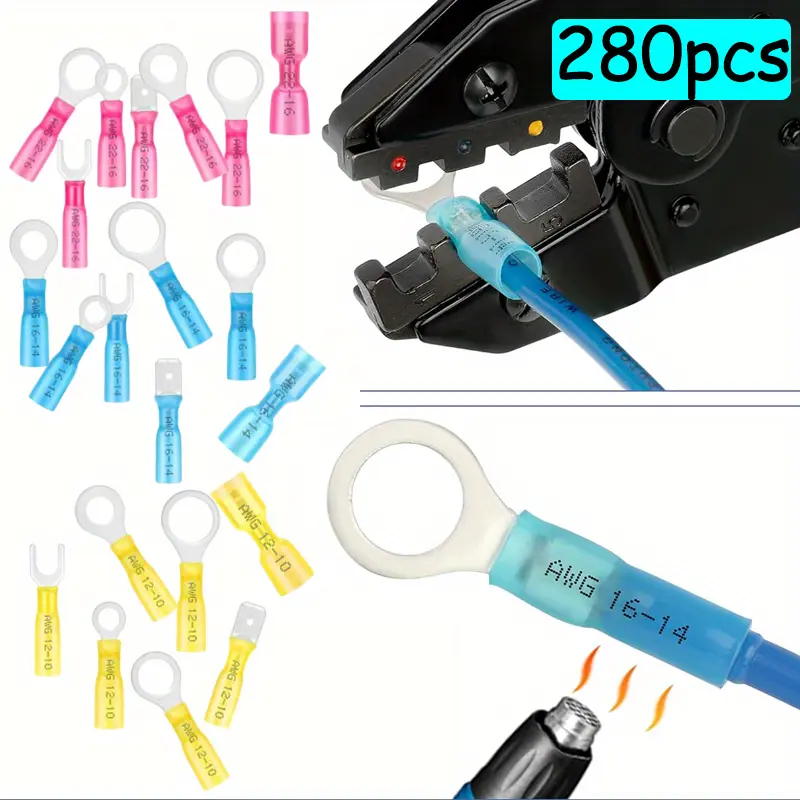 280pcs Heat Shrink Wire Connectors Kit - Waterproof Dual-Walled Insulation Tubing Terminals, Flame-Retardant Marine-Automotive Electrical Crimp Assortment with Ring,Fork,Spade,Butt Splices,360-Degree Secure Seal,High Current Flow,Less Heat,AWG 22-10, Wate