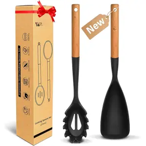 Cooking Spoon and Pasta Fork Set, 2 Pack Large Spatula Spoons Set with Wooden Handle, Nonstick Multifunction Spoon for Cooking, Serving, Mixing and Spaghetti (Black)