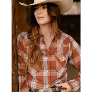 Women's Cowboygirl Ranch Rig Rust Plaid Granddaddy Snap Shirt Fit Loose