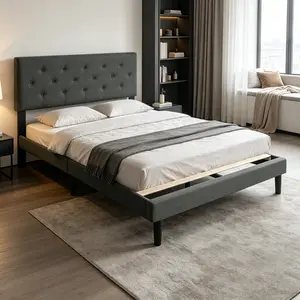 Twin Size Platform Bed Frame with Modern Button Detailed Linen Fabric Headboard, No Box Spring Required, Stable Base Structure for Bedroom Apartment Dorm Use, Quick Setup in Dark Grey Finish