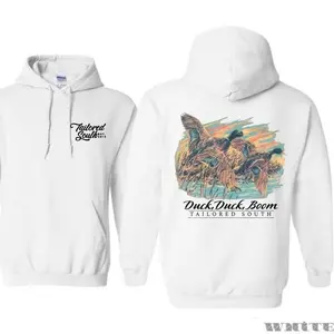 Tailored South Hoodie - Featuring Front Script Logo, And Back Graphic Of Flying Ducks Over Marsh With Duck, Duck, Boom Text, Designed For Waterfowl Hunters And Outdoor Lifestyle Fans Who Appreciate Nature-Inspired Art And Southern Style