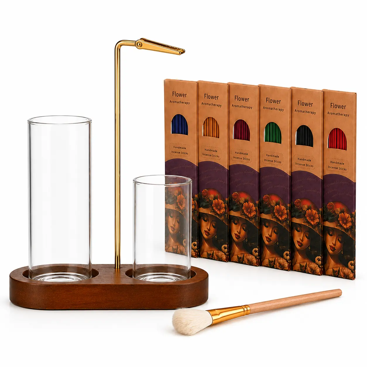 Mess-Free Incense Burner Set - Solid Wood Base, 2 Clear Glass Cups, Secure Metal Clip, Ash Catcher, Wool Brush, Optional 6-Scent Bamboo Incense Sticks (120 Total) - Home Fragrance Gift for Meditation, Bedroom