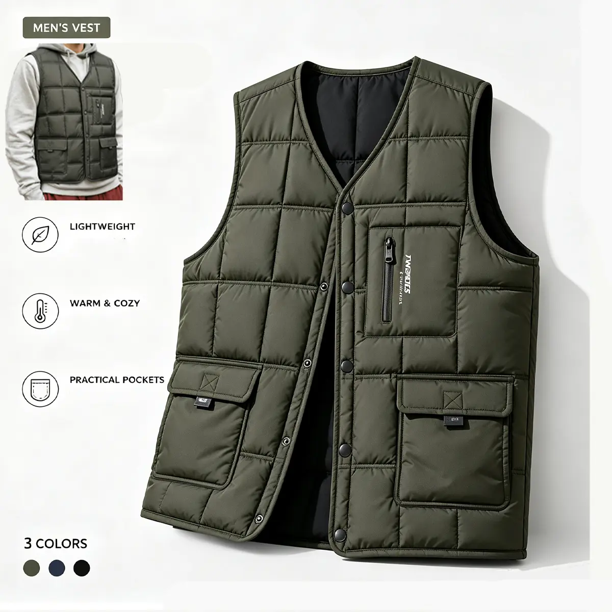 Men's V-Neck Casual Snap Cargo Vest, Autumn-Winter Warm Inner Layer, Multi-Pocket Sleeveless Menswear Tops