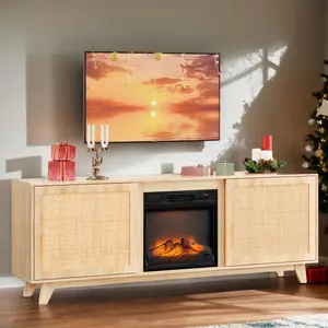 Karlhome Fireplace TV Stand for up to 70 inch TVs, Rattan Entertainment Center with Electric Fireplace Heater & Adjustable Shelves, Boho Fireplace Media Console Table for Living Room