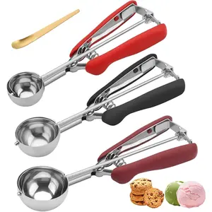 Cookie Scoops for Baking Set of 3, 18/8 Stainless Steel Ice Cream Scoop, 1 Tbsp/2 Tbsp/3 Tbsp Cookie Dough Scoop, Red/Black/Burgundy Non-slip Grip, for Cookie Cupcake Muffin Ice Cream