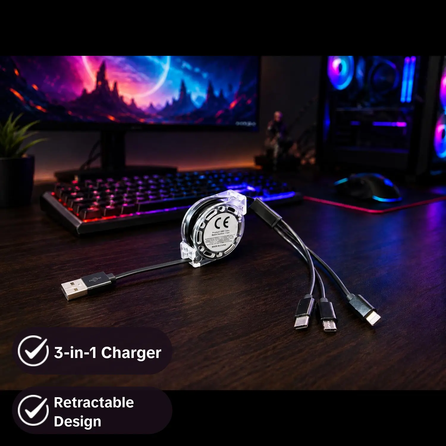 3-in-1 Retractable Charging Cable - Single or 2 pack for Smartphone, Cellphone, Mobile & Electronic Devices