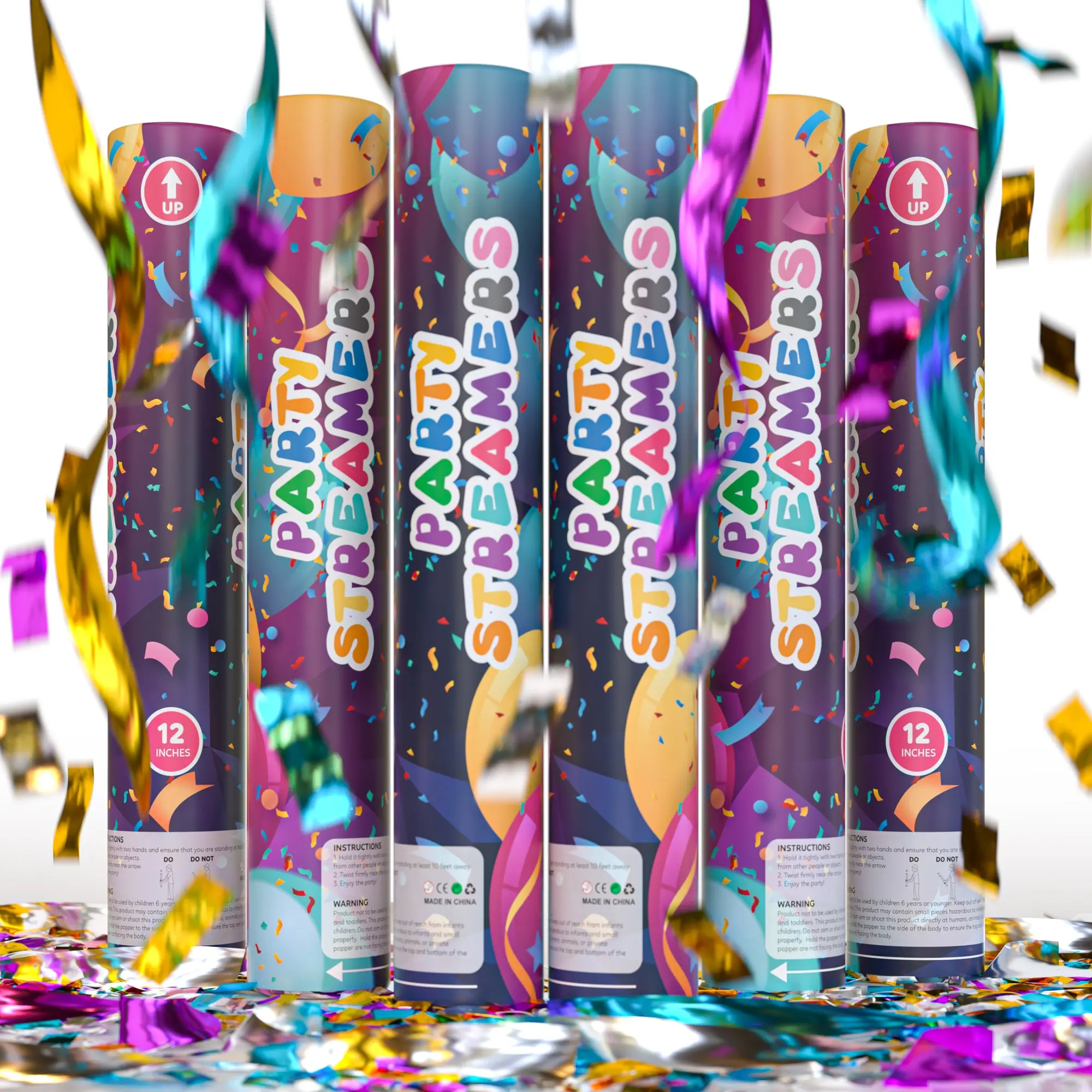 Streamer Cannon – Multicolor Metallic Streamer Poppers, 12″, Launches 25 ft | Weddings, NYE & Parties