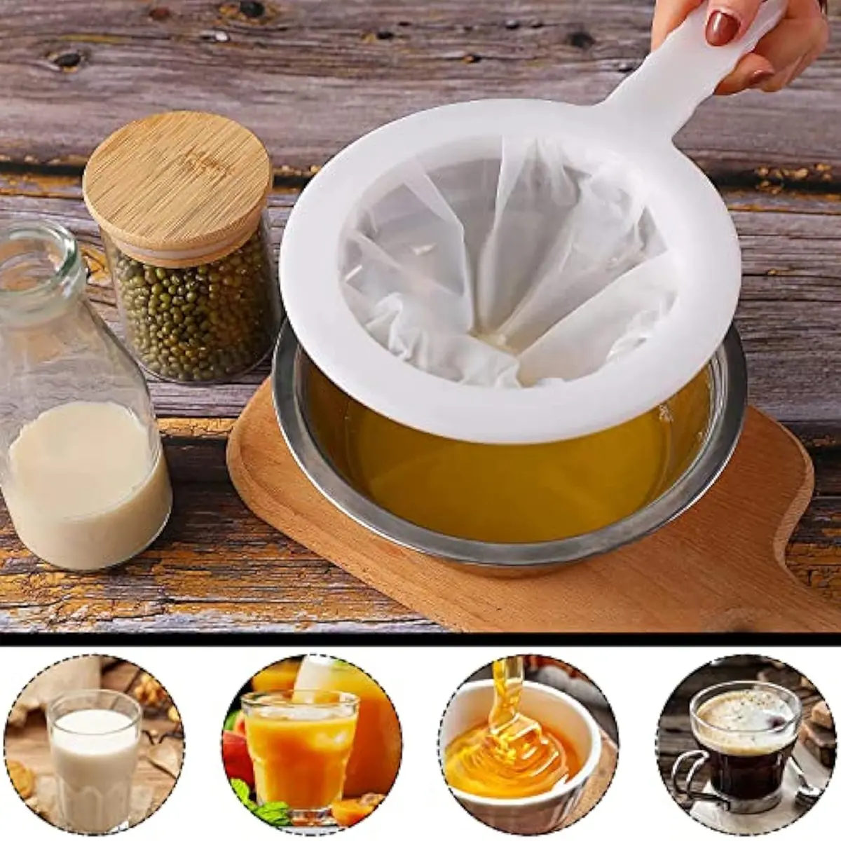 Reusable Nylon Mesh Food Sieve, 100-400 Mesh Ultra Fine Strainer, Fruit Tea Strainer for Juices, Milks, Coffees & More, Durable Kitchen Tool with Hook, Tea Making Tools