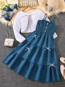 Girls' Blue Classic Color Block Long Sleeve Short Jacket Set with Bow Detail, Fashionable Summer, Casual Wear