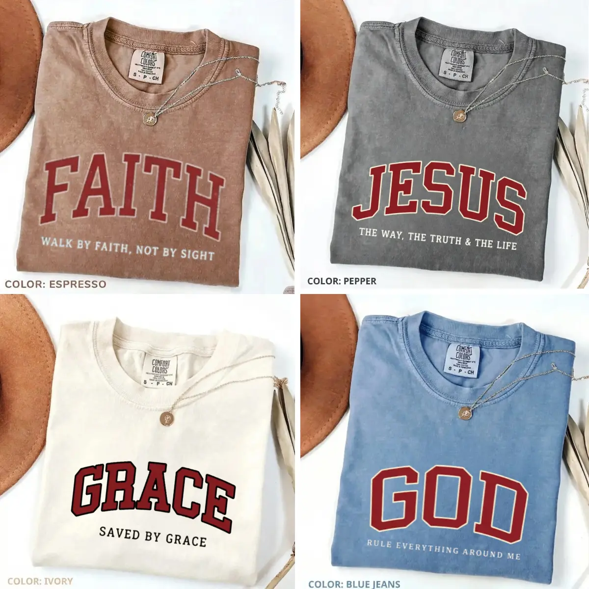 [Faith Collection] GOD JESUS GRACE FAITH Comfort Colors  Christian College Letter Shirt for Men and Women, Inspirational Bible Verse Pullover, Perfect Gift for Believers - All In Print