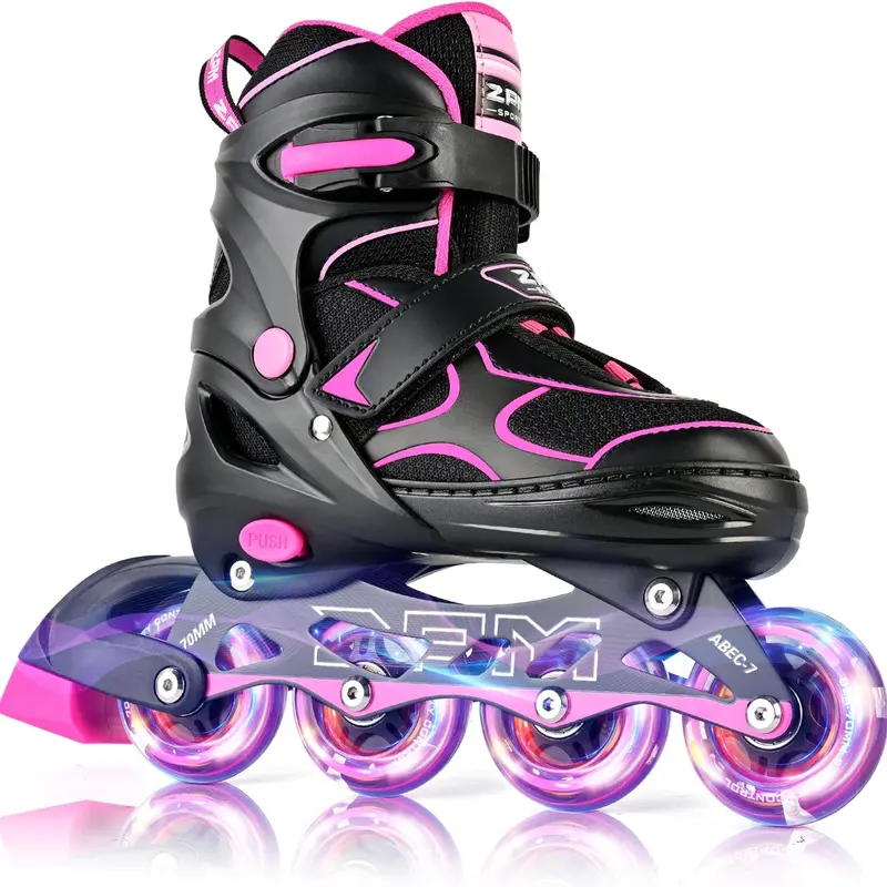 2PM SPORTS Unisex Kids (4-12 Years) Adjustable Inline Skates (1 Pair, XL Option) - ABEC-7 Bearings, 82A PU Light-Up Wheels, Quick-Stop Brake, Aluminum Frame, Carry Bag, Memory Foam, Arch Support, Adult Beginners-Focused, Indoor/Outdoor Use