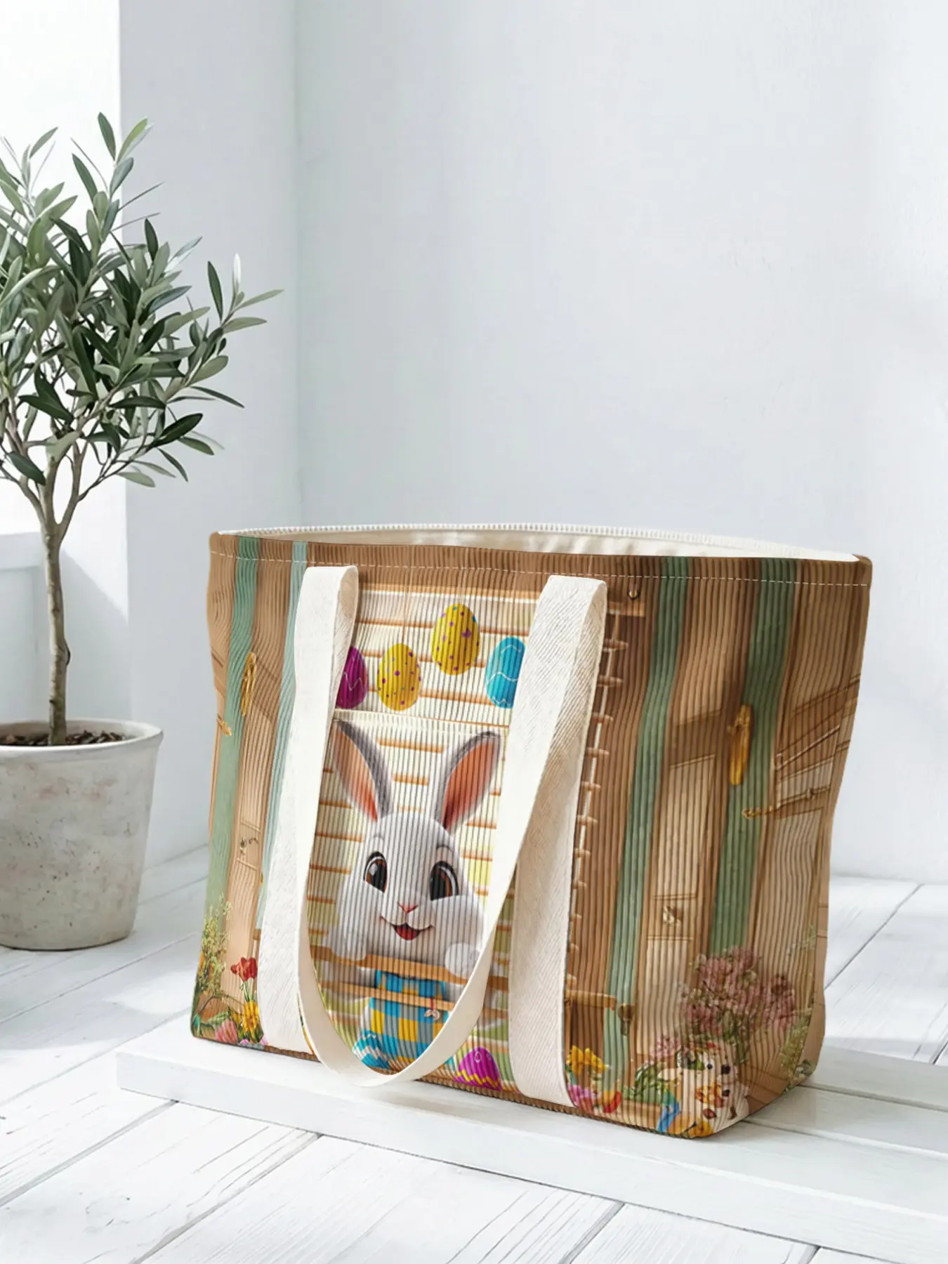 1 piece of Easter rabbit and Easter egg 2D printed tote bag, large capacity space|Commuting/shopping/working all-purpose|Carry the gentleness and faith of Easter in your hands, Easter