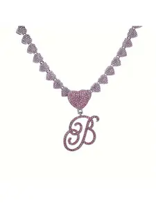 Unique alloy rhinestone pink trendy heart-shaped pendant with 26 initials, heart-shaped Cuban chain, suitable for music, sports, parties, outdoor activities, versatile and cool, blingbling fashion jewelry gift for boys and girls for daily wear