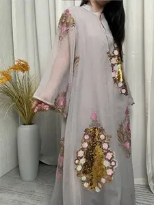 Elegant Muslim Women's Robe Caftan with Colorful Beaded Embroidery, Loose-Fitting Ethnic Pattern, Suitable for All Seasons