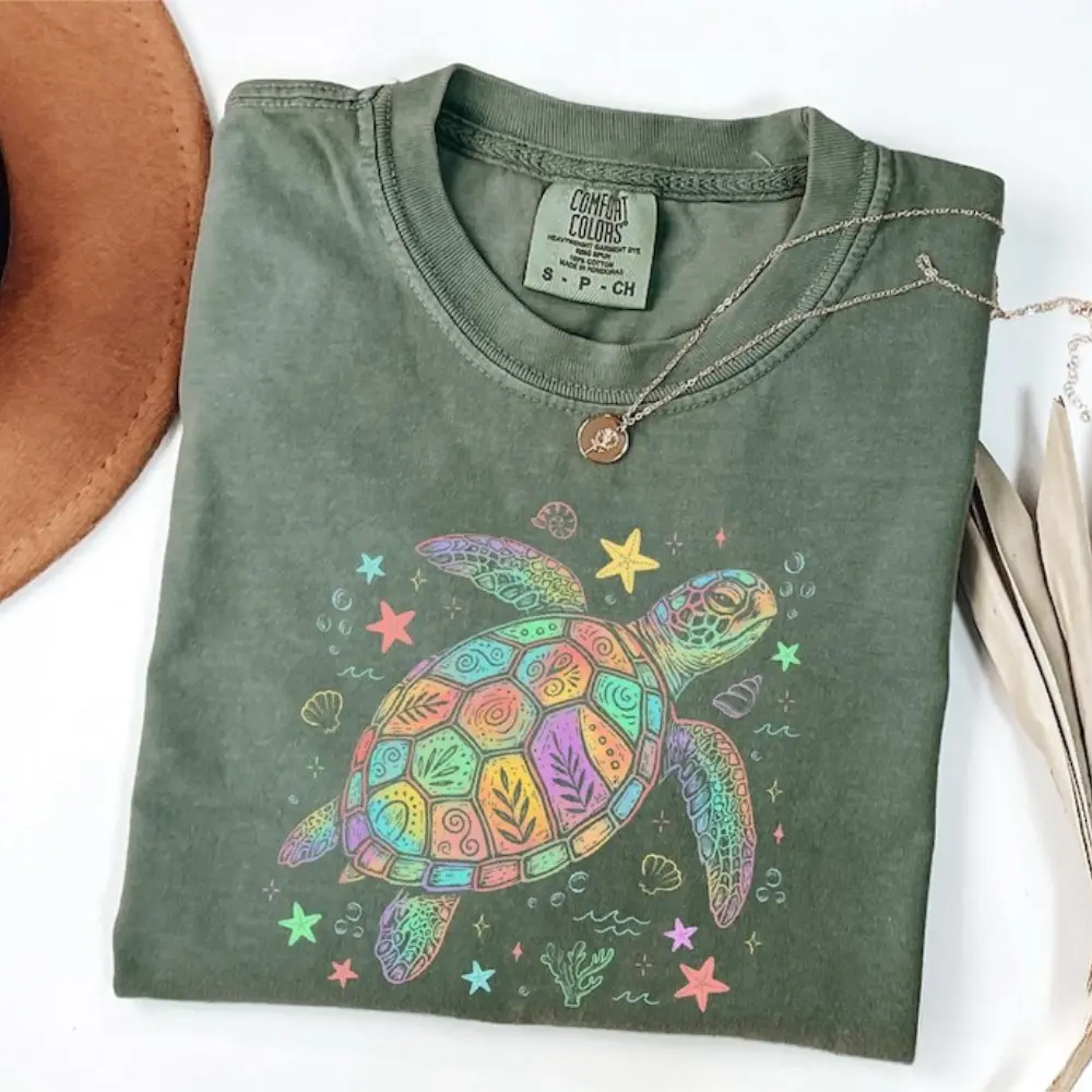 Comfort Colors Sea Turtle T-Shirt, Ocean Lover Graphic Tee, Coastal Beach TShirt, Marine Life Summer Tee, Boho Vacation Turtle T-Shirt