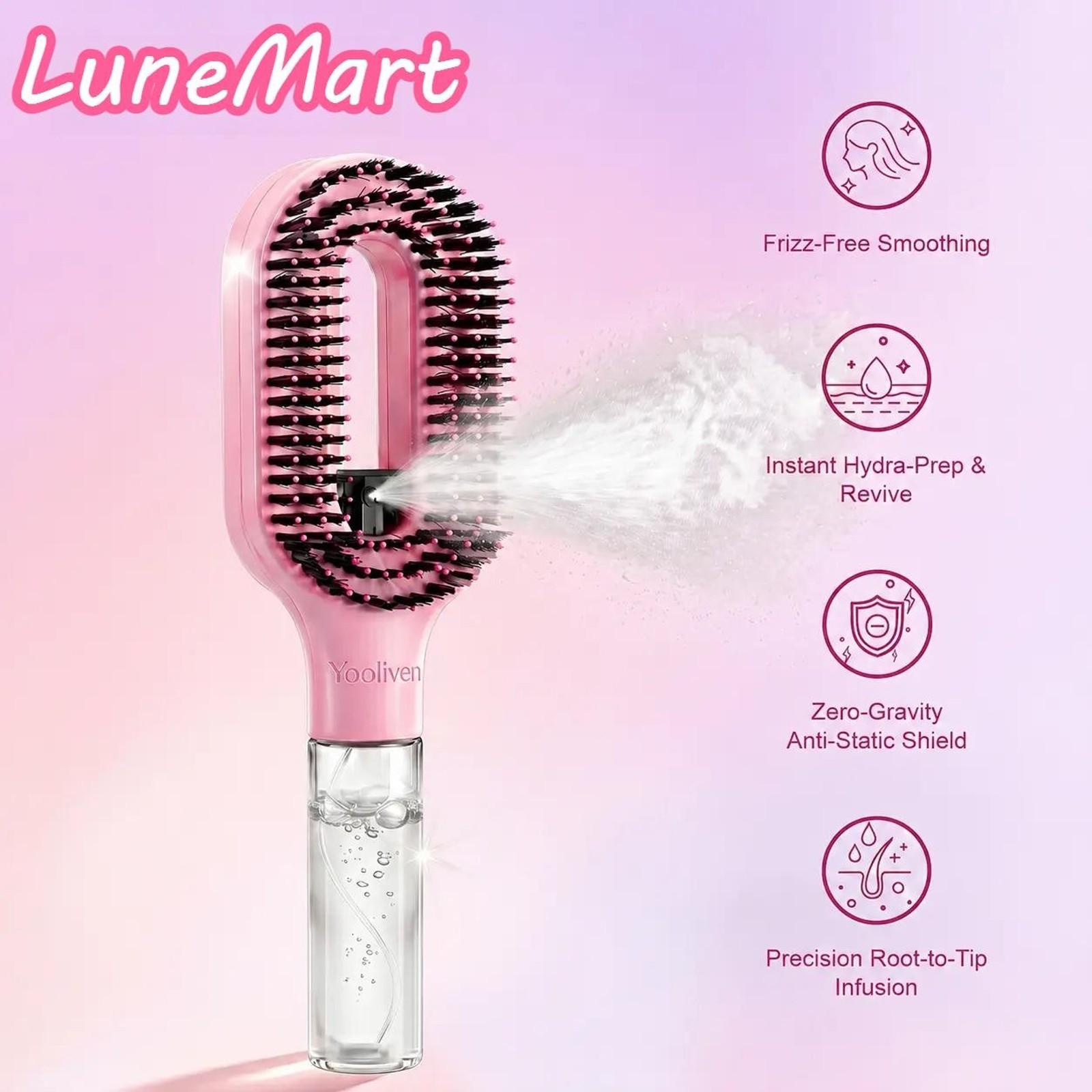 3-in-1 Mist Spray Hair Brush - Anti-Frizz Ionic Detangling Comb with Refillable 55ml Water Tank, Dual Bristle Design with Massage Tips for Dry, Curly & Thick Hair, Effortlessly Untangle Knotted Hair