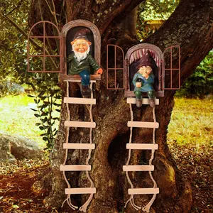 Garden Gnomes 4Pcs/ 2Pcs Elf Out the Door Tree Hugger, Tree Faces Decor Outdoor 3D Resin Gnome Fairy Statue Hanging Ladder Decoration for Patio Yard Lawn Porch Ornament