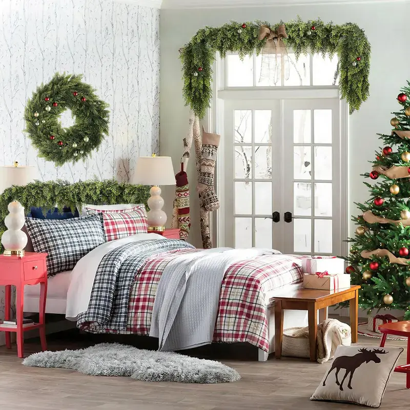 2/4PCS Artificial Cedar Garland, Lush Realistic Evergreen Greenery Vine, Flexible Faux Christmas Garland for Fireplace Mantel, Staircase, Door Frame, Table, Window & Holiday Home Decor