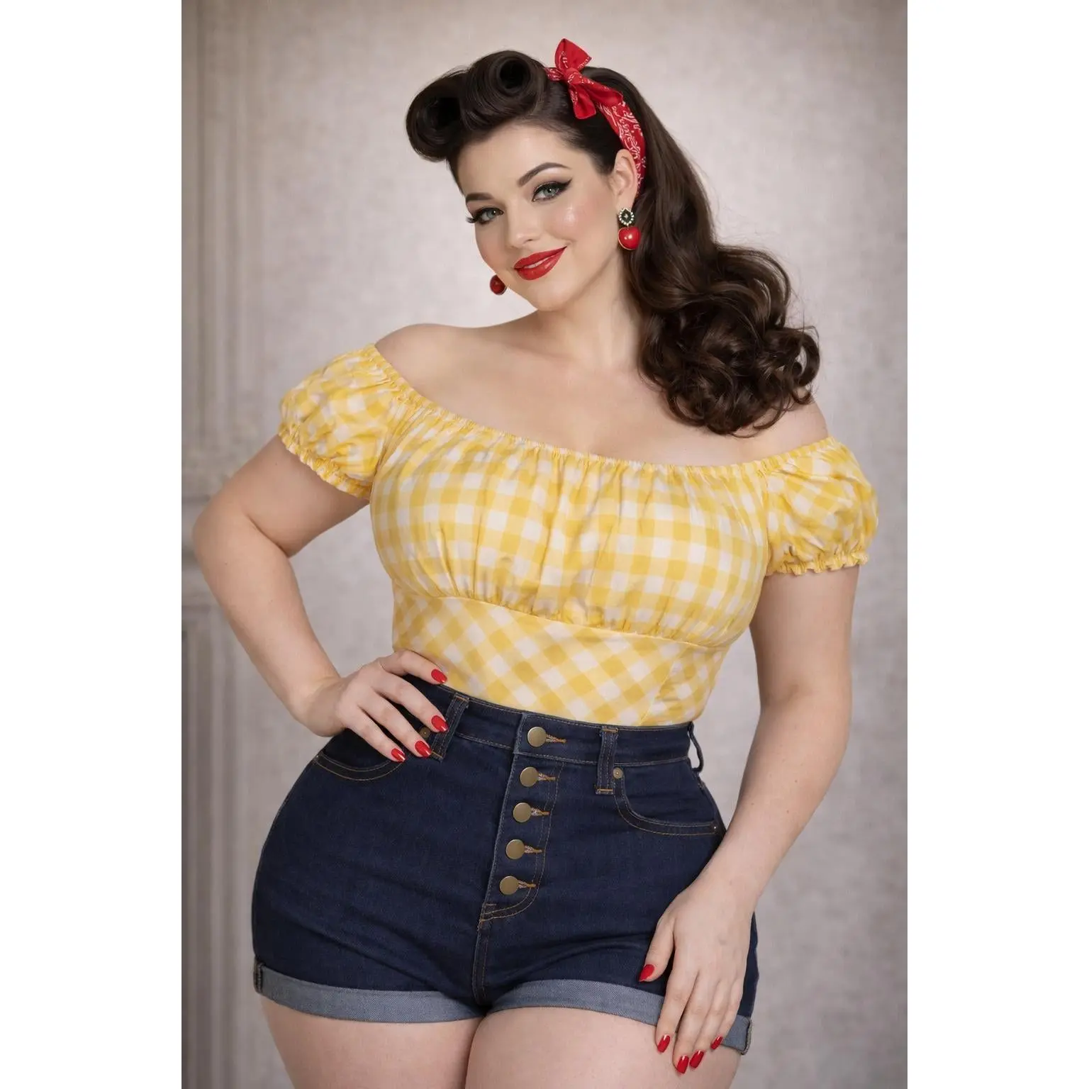 Pinup Peasant Blouse in Yellow Gingham