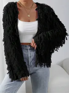 Women's Solid Fringe Trim Fitted Cardigan, Casual Long Sleeve Open Front Knitwear Sweater for Fall & Winter, Fashion Women's Knit Clothing for Daily Wear, Womenswear