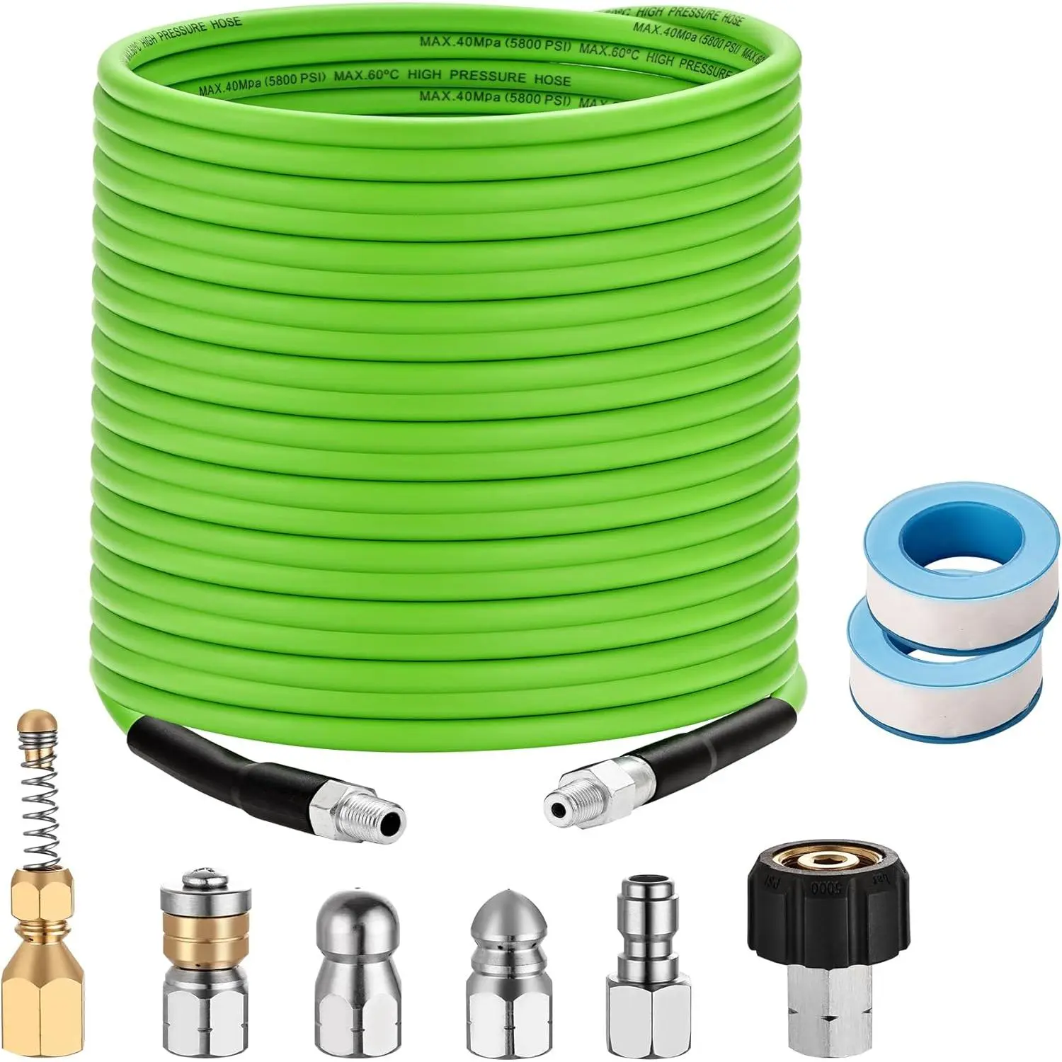 Washer Sewer Jetter Kit - 100Ft X1/4" Hydro Drain Jetter Cleaner Hose, Corner, Rotating and Button Nose Sewer Jetting Nozzle  Tape,Orifice 4.0 4.5,1/4 Inch NPT,5800 PSI